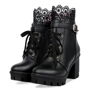 Black Women's Chunky Platform High Heel Boots Lace Up Gothic Ankle Booties Block Heel Buckle Punk Shoes