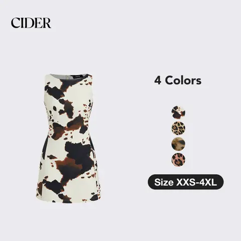 Cider Women's Leopard Pattern Casual Woven No-Shoulder Boat Neck Polyester Mini Dress - Fitted Bodycon, Soft Stretchy Fabric, Zipper Design, Easy to Style, Evening Party Night Out Wear