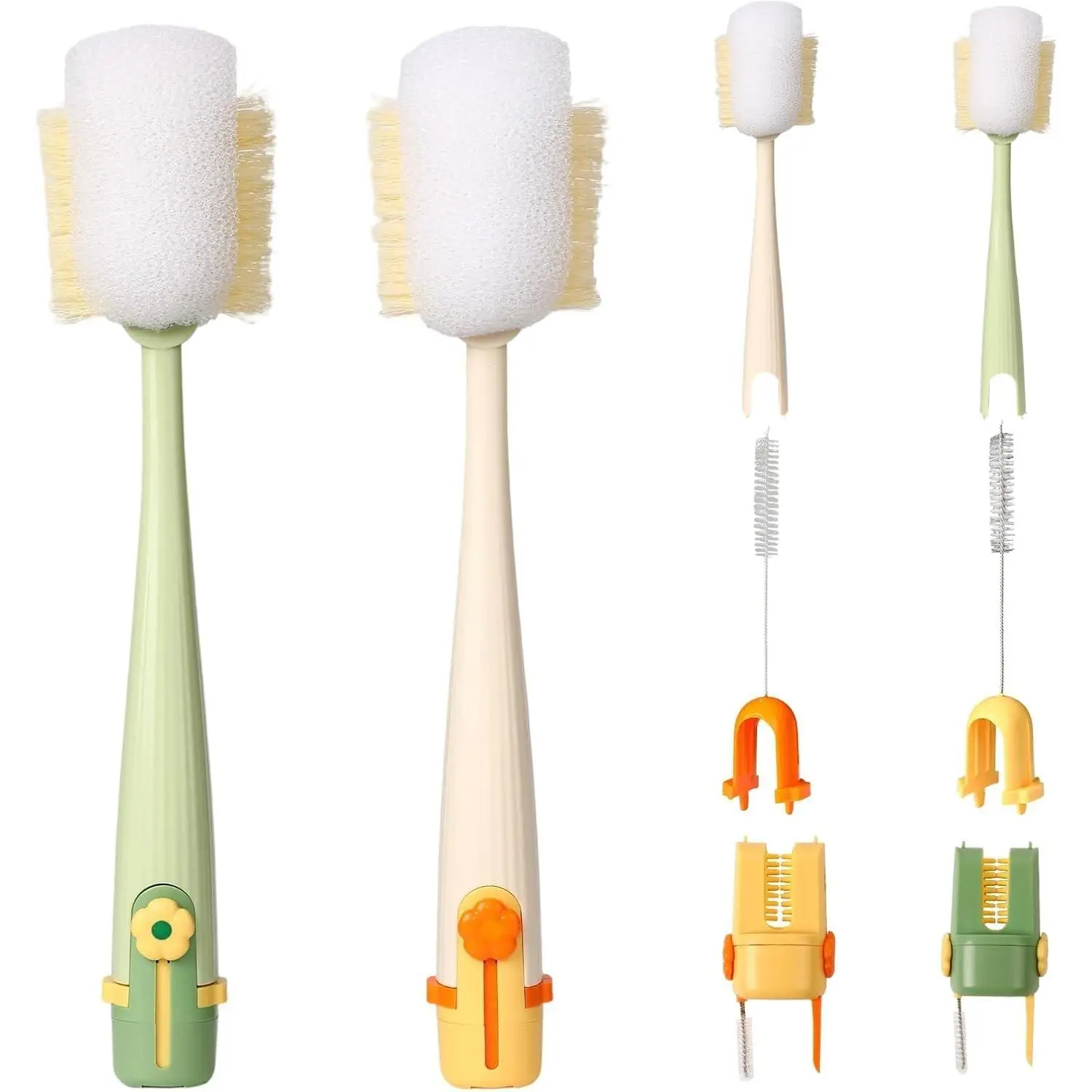 5-in-1 Reusable Multifunctional Bottle Scrubber Set with Handle - Versatile Cleaning Solution for Home Care, Includes Straw Brush for Bottles, Cups, Straws (Cream White/Jasmine Green)