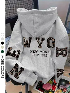 Women's New York Letter Drop Shoulder Hoodie, Fashion Casual Pullover with Drawstring Pocket for Fall & Winter, Thick Knit Sweatshirt for Everyday Outdoor Wear