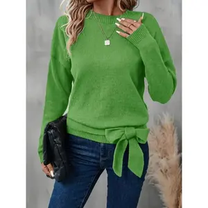 Women's Knitted Round Neck Bowknot Sweater, Casual Fashion Pullover for Fall & Winter, Elegant Commuter Wear, Perfect for Holidays