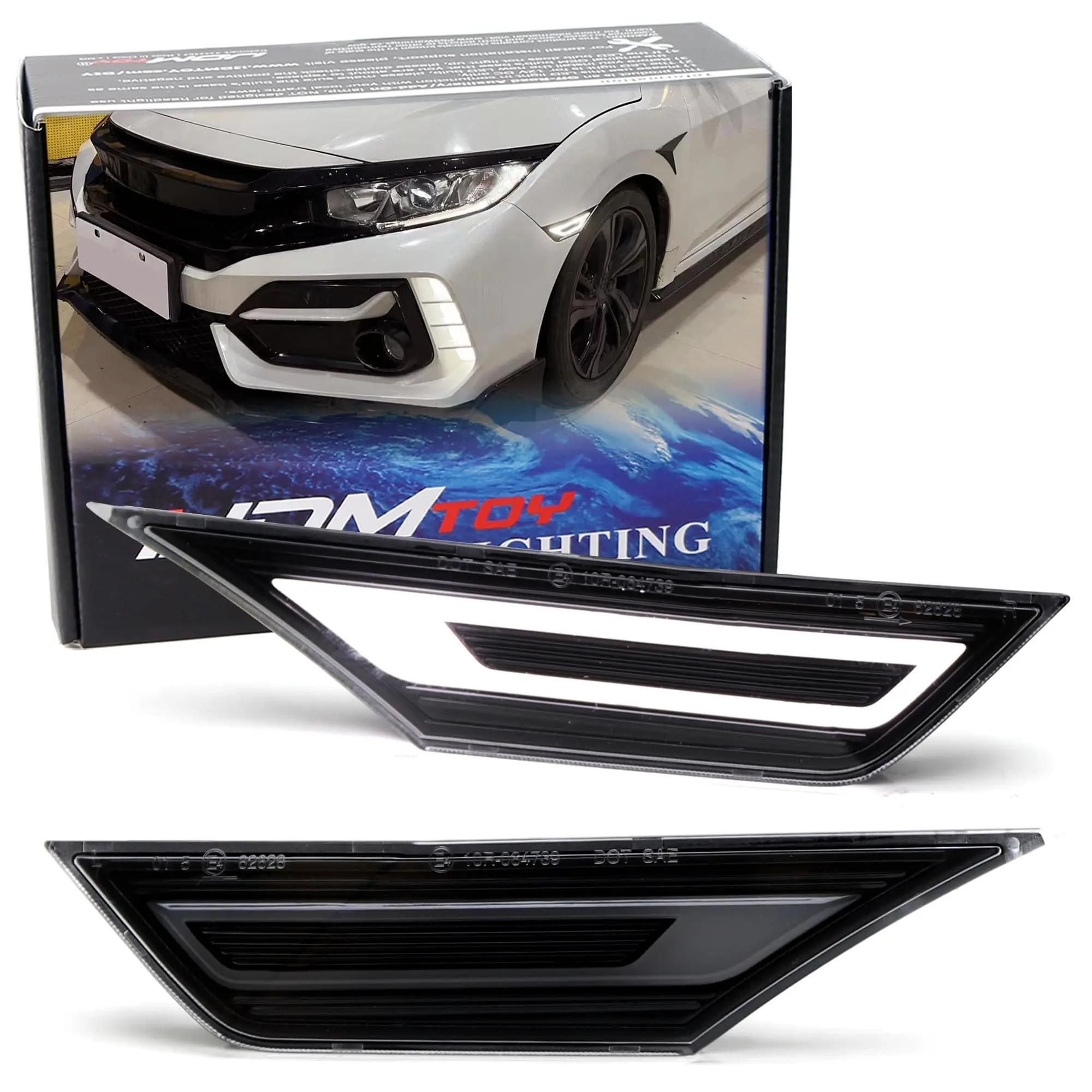 iJDMTOY JDM GT-Stype Dark Black-Out White Full LED Front Bumper Side Marker Lights For Honda 2016-2021 Civic