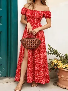 Vintage Floral One Shoulder Bubble Sleeve Long Maxi Flowy Dress, Waist Cinched Flared Split Hem, Soft Style Date Night Gown, Womenswear