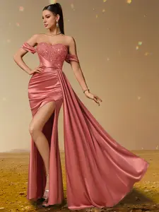 MIUSOL 55820A Off Shoulder Sequin Floral Lace Split Thigh Satin Asymmetrical Hem Evening Formal Party Maxi Dress, Elegant Chic Party Dress For Women, For Wedding Guest, Anniversary, Dinner