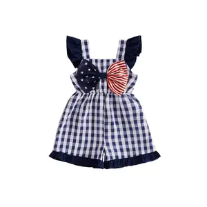 Cpzvucak Baby Girl 4th Of July Romper Gingham Ruffle Sleeveless Jumpsuit With Bow Patriotic American Flag Print Summer Casual Outfit For Independence Day