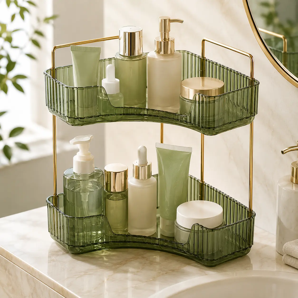 2-Tier Multifunctional Plastic Makeup Organizer - Gold Frame Corner Shape Bathroom Countertop Shelf with Perfume Tray for Lotions, Serums, Creams, Cosmetics, Beauty Essentials, Vanity & Bedroom Dresser, 2 Tier Corner Storage