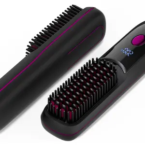 Hair Straightener Brush for Women, USB Type-C Rechargeable with 3 Temps, Portable Travel Straightening Comb, Black