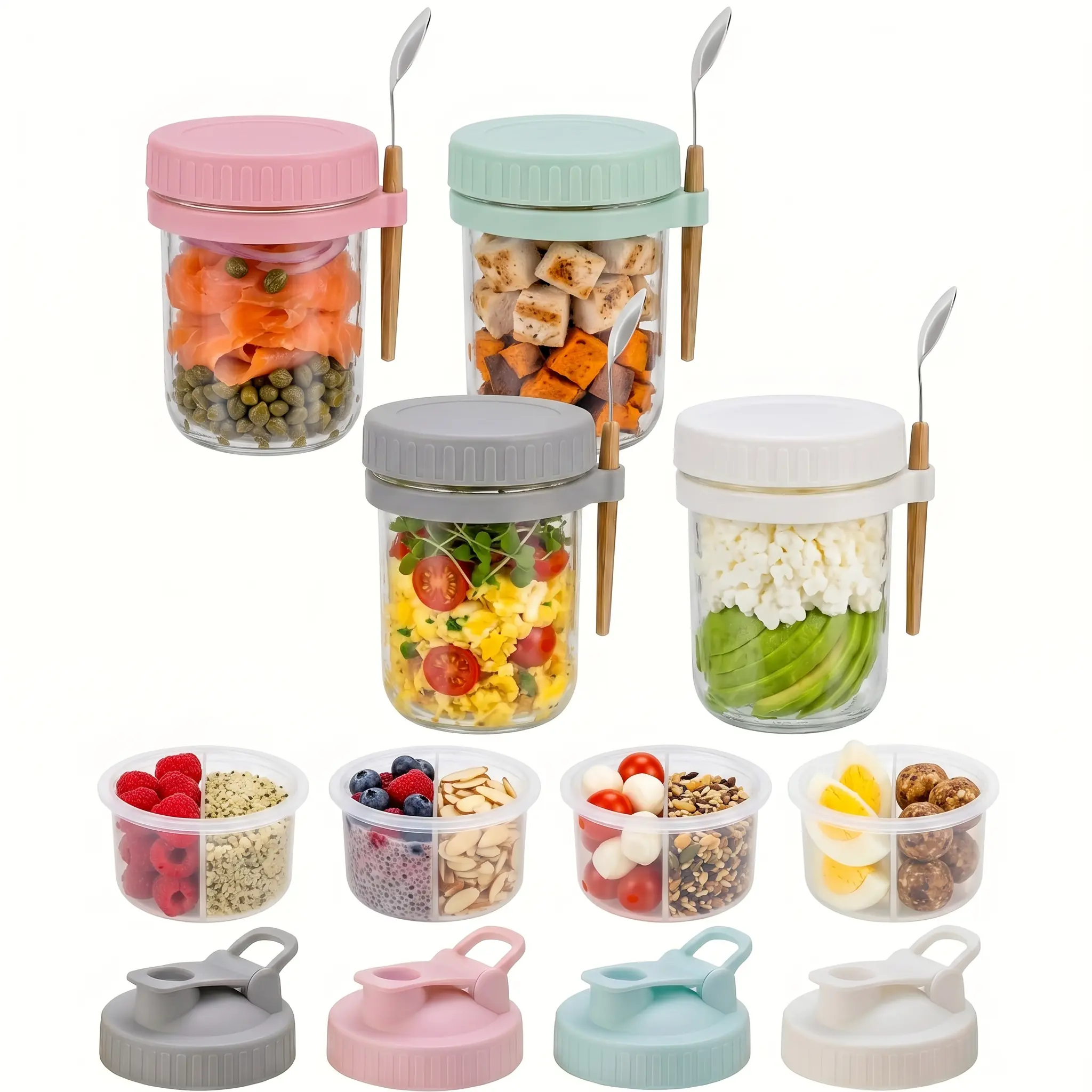 16oz Wide Mouth Glass Canister Jars, Airtight Anti-Leak Kitchen Storage Canister with Silicone Compartments, Lids & Spoons, Stackable Dishwasher Safe Utensil Container for Overnight Oats, Chia Pudding, Weight Loss Salad