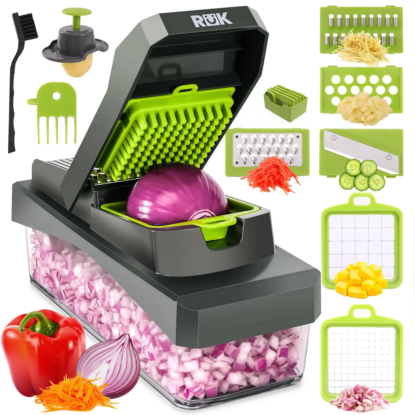 RüK Vegetable Chopper,Food Chopper,Cheese Slicer,Onion Chopper,Mandoline Slicer&Grater with Container,Salad Chopper Set,Stainless Steel Kitchen Tools carrot chopper Utensils Sturdy Stylish