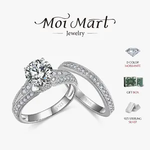 MOI MART Stackable 1.5CT Round Cut Synthetic Moissanite Engagement & Wedding Ring Set, Full Pavé Moissanite Setting in 925 Sterling Silver, Ideal Anniversary Gift