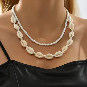 Sterling Silver Cross with Summer Beach Style 2-piece Set - Fashionable Shell Rice Bead Chain & Adjustable Necklace for Casual Outings Bracelet Horseshoe Buckle Love budget jewelry win plussize friendly vc necklaces Personalized Enamel Drop Oil Pendant