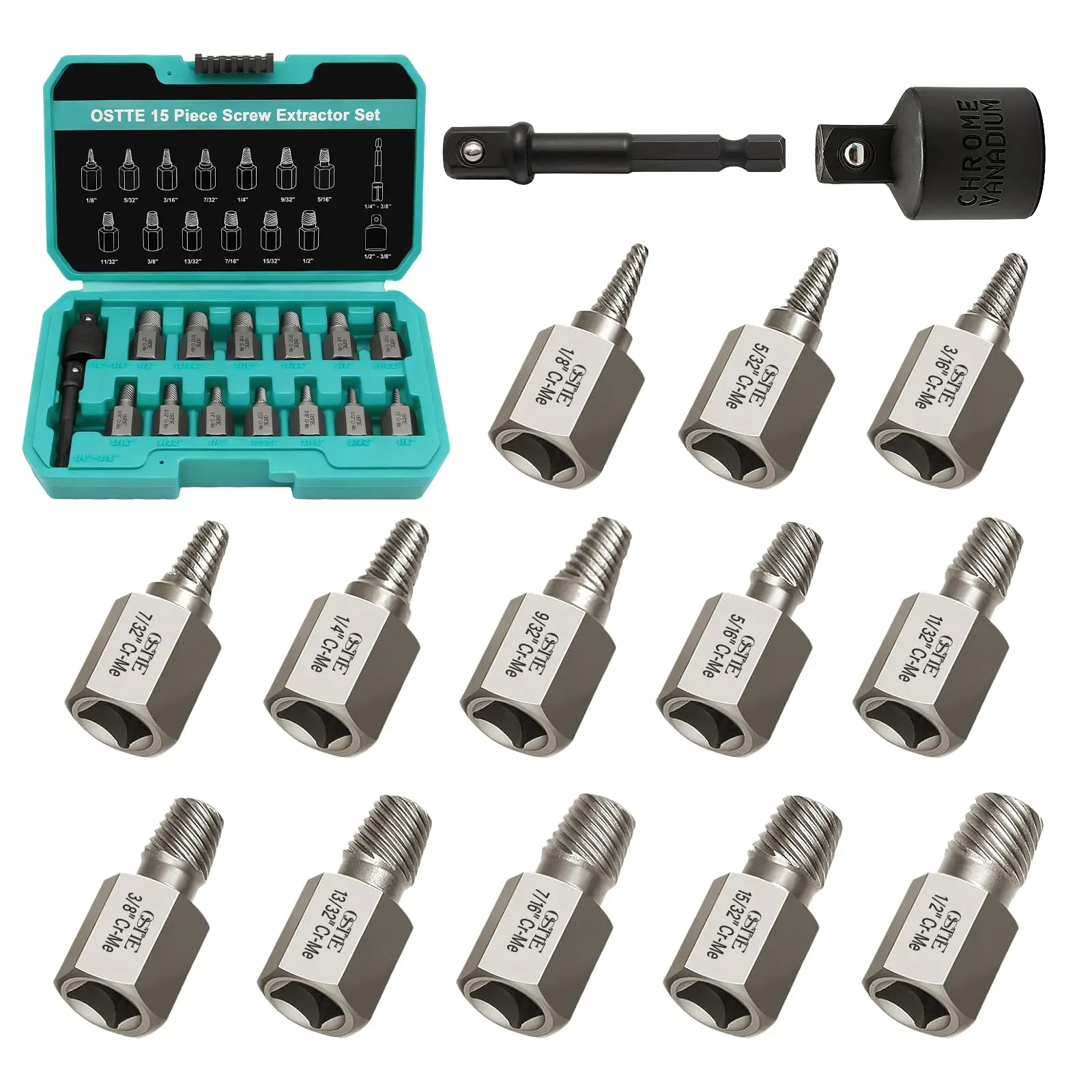 15Pcs Bolt Extractor Kit, 3/8" Multi-Spline Drive | Easy Out Set, Cr-Mo Steel for Stripped/Broken/Rusted Bolts & Screws, Hex Multi-Spline Remover, Storage Case