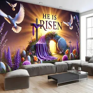 Easter Background Banner, Indoor Backdrops, Polyester Fabric, Cross with Dove and Floral Design, Easter Party Decor, Religious Gathering, Spring Decoration
