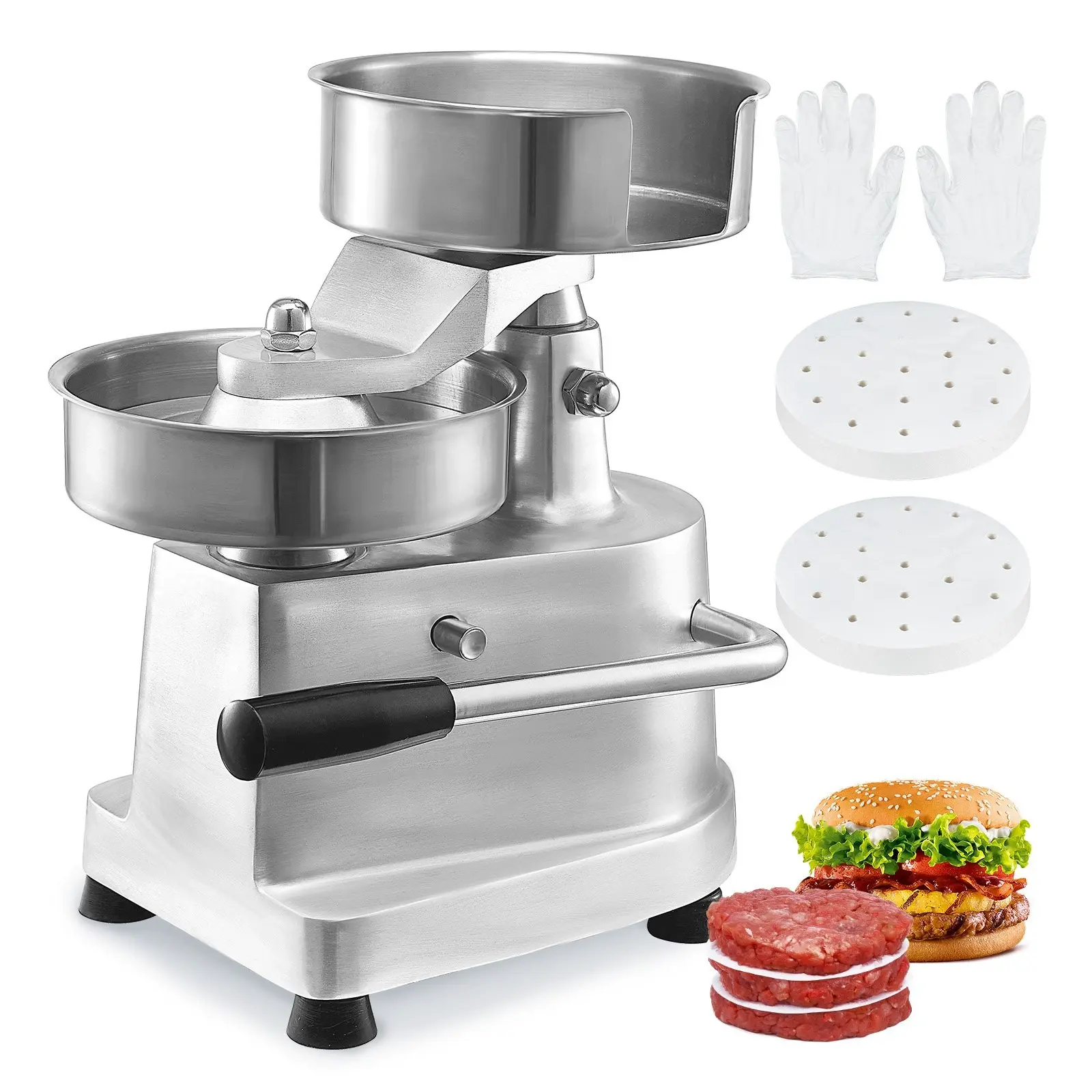 Commercial Burger Patty Maker 150mm / 6 Inch Hamburger Beef Patty Press Heavy-Duty Food-Grade Stainless Steel Bowl Kitchen Meat Forming Machine With 1000 Patty Papers For Restaurant And Catering Use