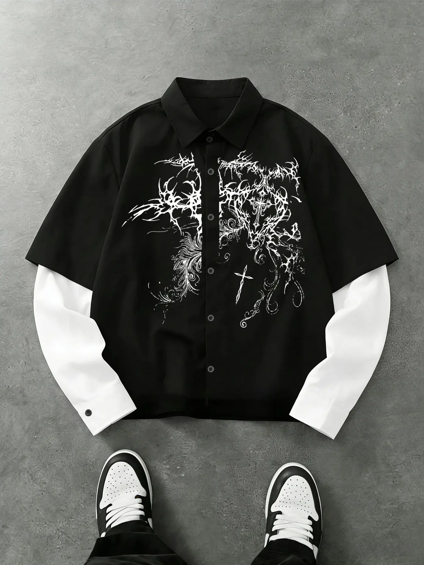 Unisex Gothic Style Gothic runes and cross print pattern, two-piece style trendy Fitted Sleeve shirt for spring and autumn,  Y2K Trendy Design, Punk Wind, Suitable for streetwear, Y2K style, men's gifts, couple's outfits, punk style