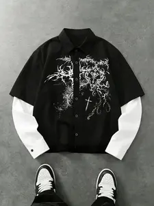 Unisex Gothic Style Gothic runes and cross print pattern, two-piece style trendy Fitted shirt for spring and autumn,  Y2K Trendy Design, Punk Wind, Suitable for streetwear, Y2K style, men's gifts, couple's outfits, punk style