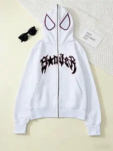 Y2k Full Zip Up Spider Hoodie，Women Men coat Harajuku Graphic，Unique hooded glasses design, street punk style, casual hip-hop outfit，Casual Fitted Fall & Winter sweatshirts