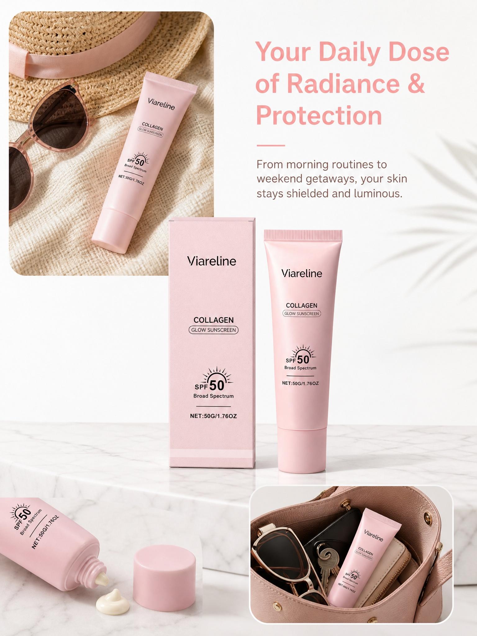 No Cast Just Glow Collagen Sunscreen | SPF 50 Broad Spectrum Face Sunscreen | Lightweight, Non-Sticky, Hydrating Formula | No White Cast or Residue | Peptide, Cica for Soothing & Natural Glow