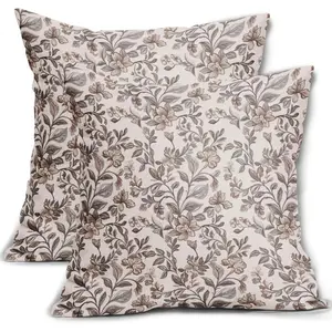 Vintage Floral Pillow Covers 18x18 Inch Set of 2, Antique Flower Block Print Brown Grey Gray Pattern Decorative Throw Pillowcases Outdoor Farmhouse Cushion Covers Art Decor for Sofa Couch Bed