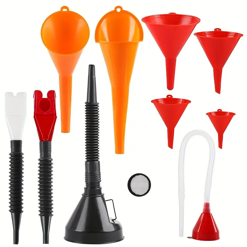 10-Piece Car Funnel Set, Plastic Long Neck Oil Funnel, Snap-On Funnel, Flexible Right Angle Funnel, Wide Mouth Fuel Funnel, Automotive Maintenance Tools, Automotive Repair Tools Toolkit