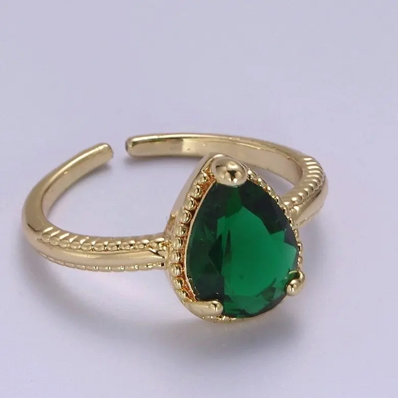 Emerald Green Round Cz Crystal Teardrop Minimalist Statement Ring