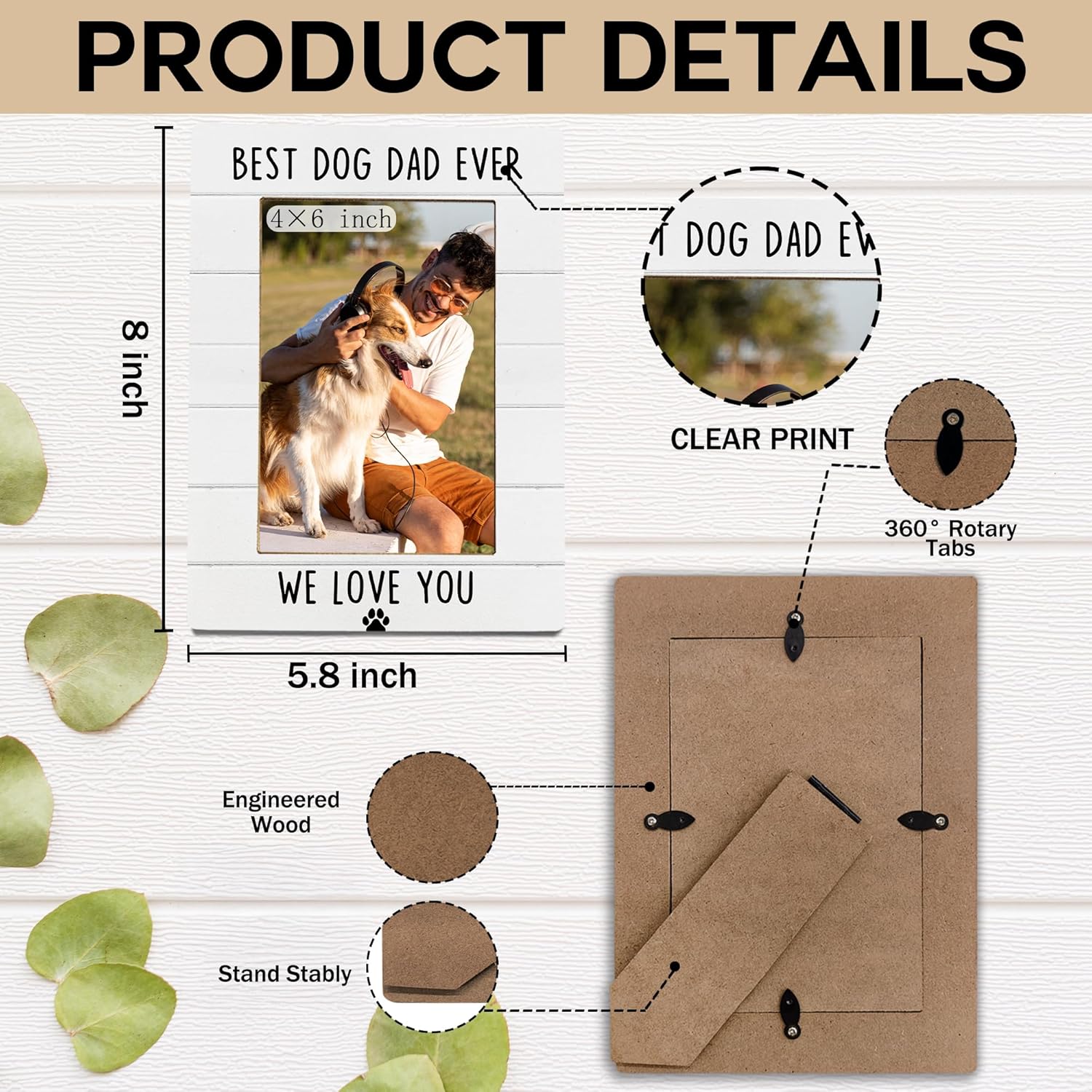 Dog Dad Picture Frame 4x6 – Father’s Day Gifts for Dog Dad, Wooden Pet Lover Photo Frame for Desk/Table, Unique Dog Father Gifts from Pet Lovers, Home Office Decor Picture Frame