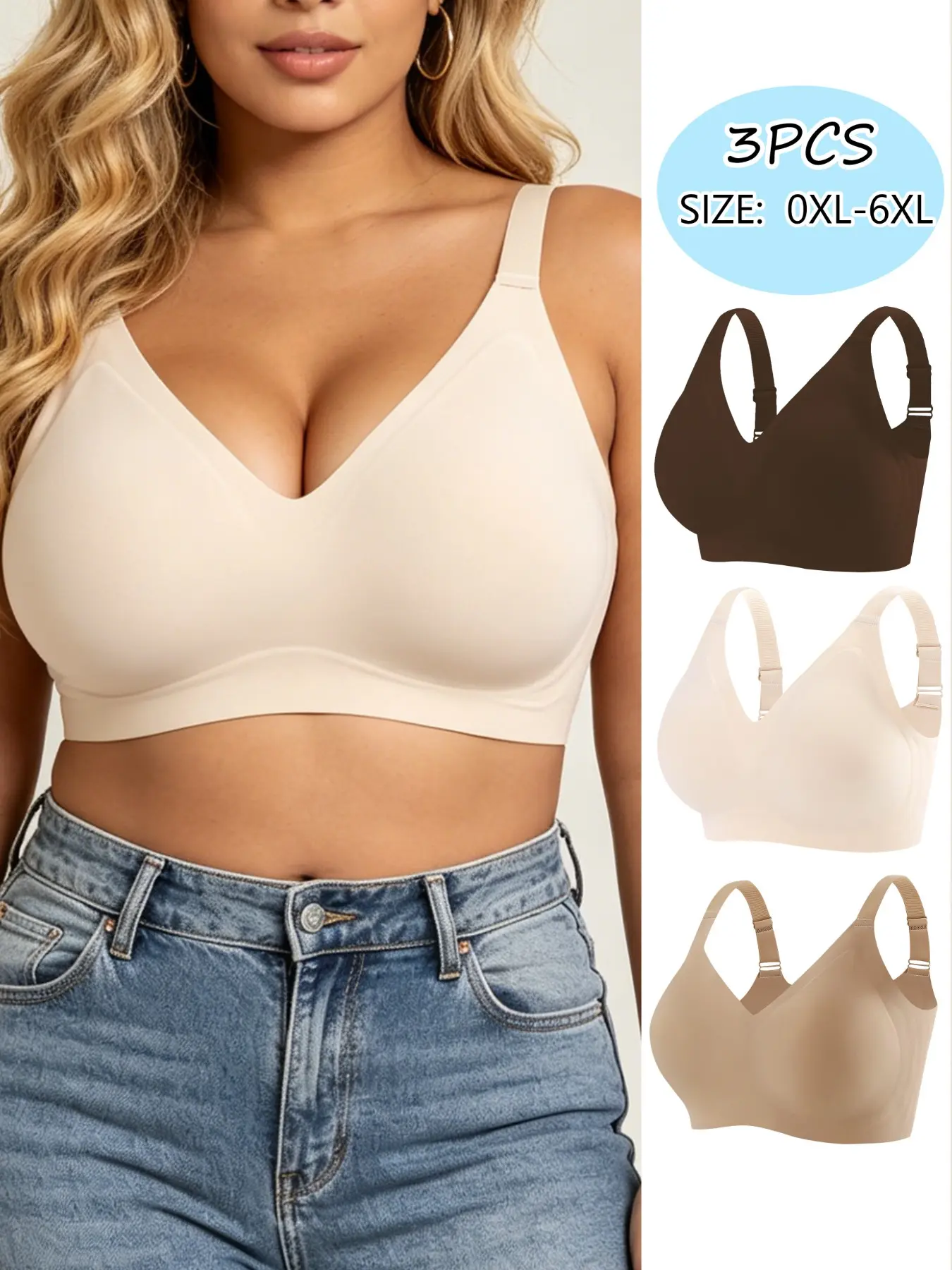 Plus Size 3pcs Comfortable Wireless Vneck Adjustable Straps Support Bra Set Lined Wireless Bras, Underwear Jelly Bra Fabric for a Seamless Smooth Fit, Medium Support with Stylish Design Everyday Essential Bra