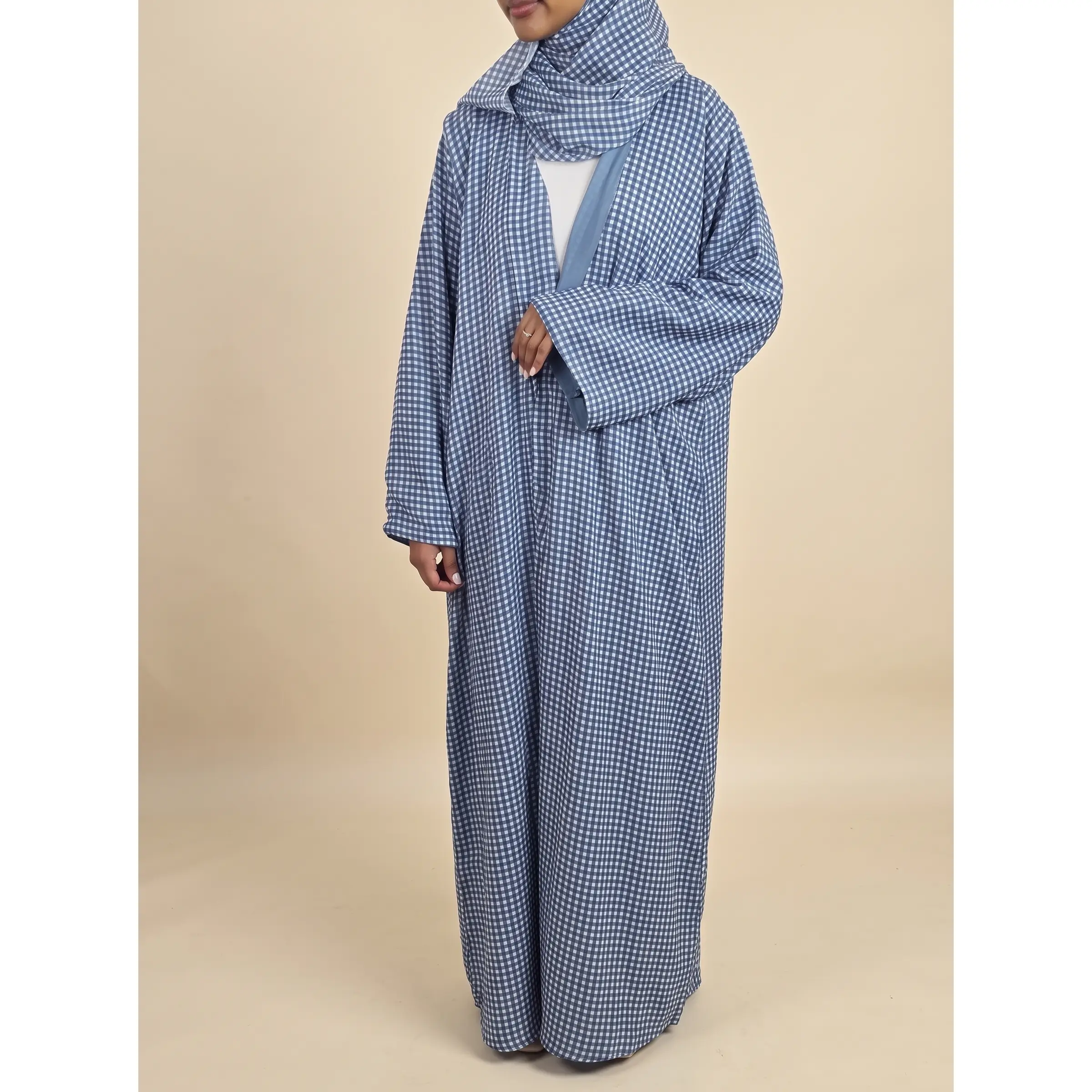Coastal Gingham Check Double Chiffon Open Abaya Set
