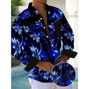 Men'S Plus Size Hawaiian Gradient Floral Print Long Sleeve Shirt with Button Pocket - Non-Stretch, Vintage Style, Polyester Menswear Top Wetsuit Blue