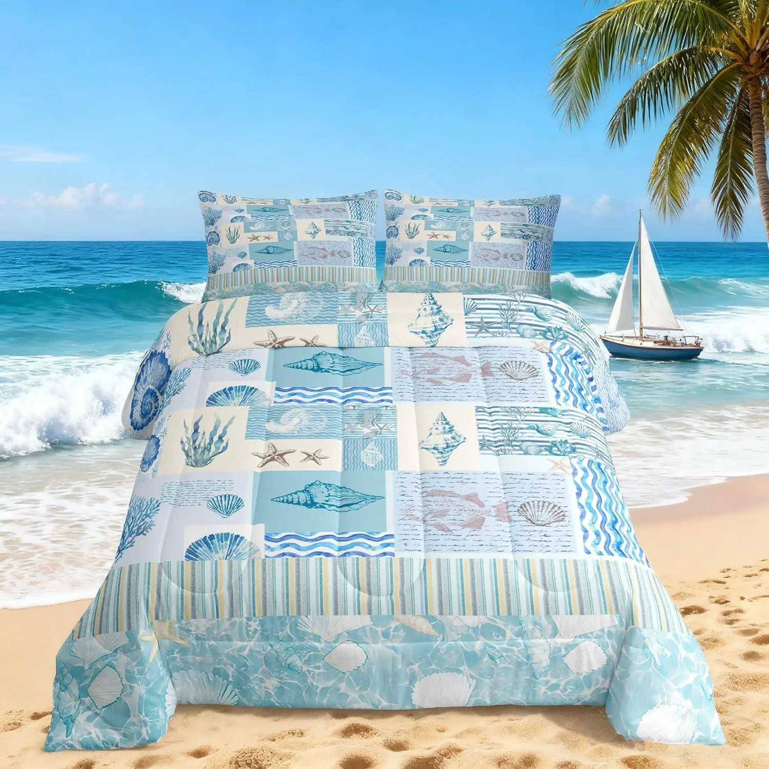 Feelyou Vintage Beach Theme Marine Life Bedding Set - Sea Blue Quilted Fabric Ocean Shell Conch Comforter, Geometric Stripes Plaid Design, Coral Fish Sketch, Adult Rooms Duvet Insert