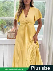 Elegant V Neck Plus Size Dress, Solid Color Design with Pleated Skirt Hem, Chest Detailing, Perfect for Special Occasions