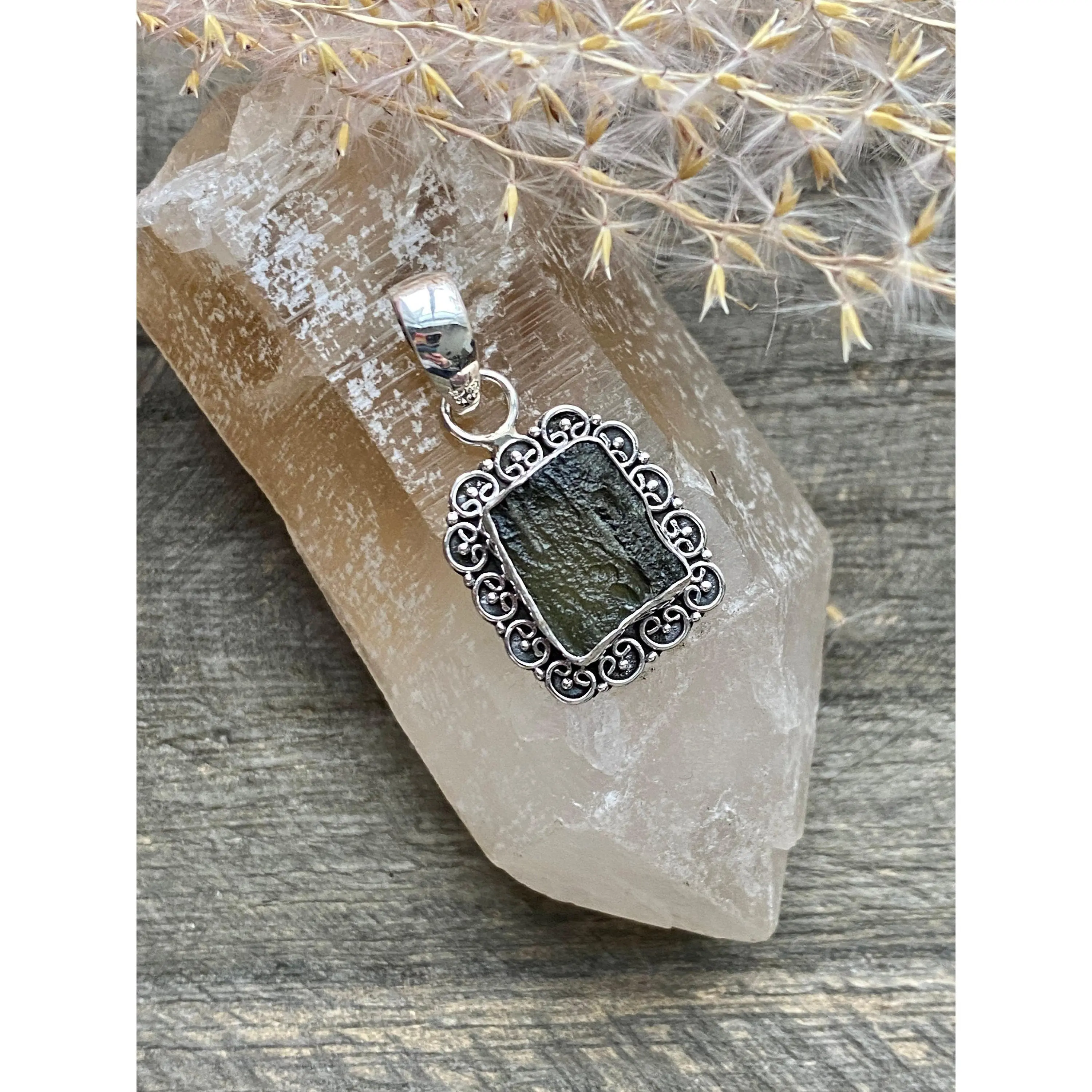 High Vibrational Genuine Czech Moldavite Filigree 925 Handmade Crystal Pendant - Crystal Healing Meditation