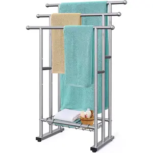 40" Tall Freestanding Towel Racks for Bathroom, 3 Tier Floor Towel Rack with Storage Basket Silver