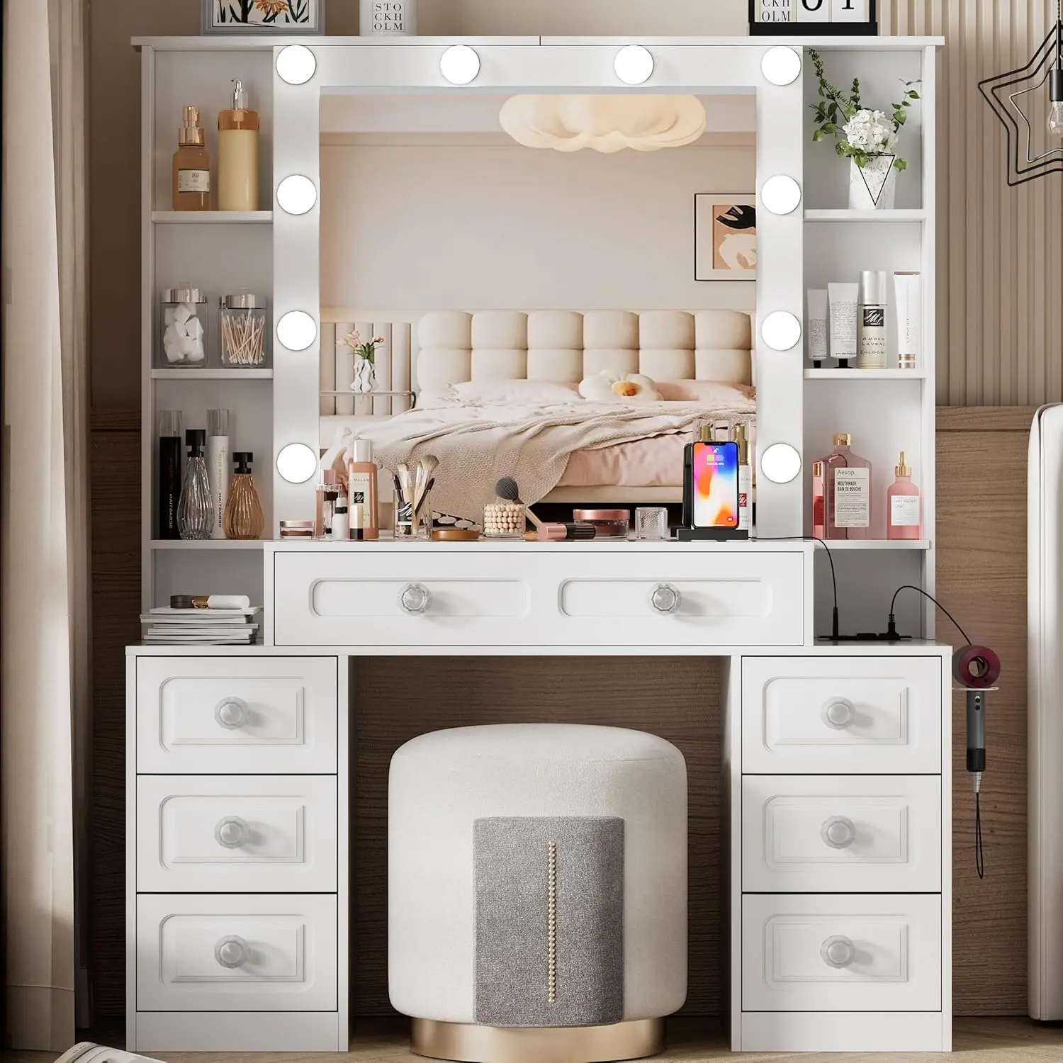 Farmhouse Vanity Makeup Desk with Mirror, Lights, Wood Frame & Stool - USB Charging Station, Storage Drawers, 3 Lighting Modes, Rustic Dressing Table for Women's Bedroom