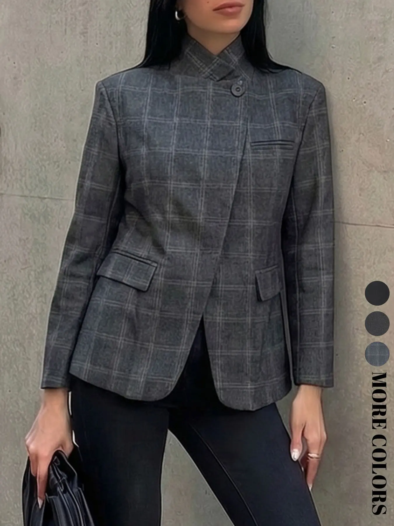 Women's Spring Fall Fashion Elegant Plaid Blazer Jacket, Long Sleeve Button Pocket Asymmetrical Loose Fit, Casual Versatile Daily Wear