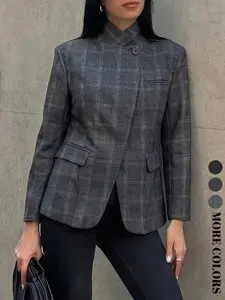 Women's Spring Fall Fashion Elegant Formal Workwear Plaid Blazer Jacket, Long Sleeve Button Pocket Asymmetrical Loose Fit, Casual Versatile Daily Wear