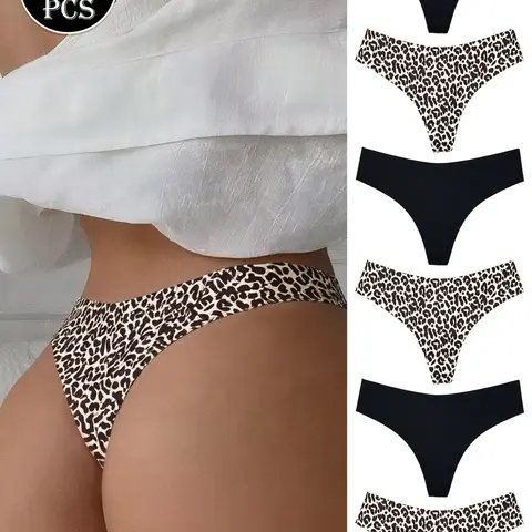 6 Pack Women's Thongs - Black & Animal Print Seamless Plain Drop Waist Panty Low Rise No Show Underwear Set