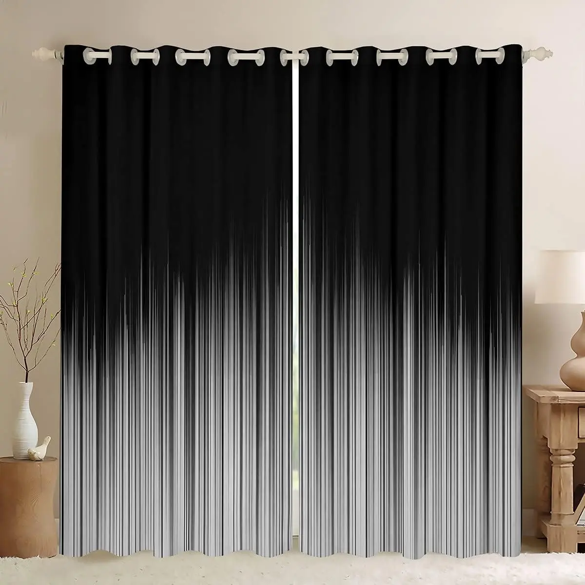 Feelyou 2-Tone Grey and Black Geometric Velvet Curtains for Windows - 2 Panels (42W X 84L), Ombre Boho Gradient Drapes, Soft Texture Durable Indoor Cool-Tone Modern Living Room Decor, Window Hanging, Light Filtering & Room Darkening Treatments