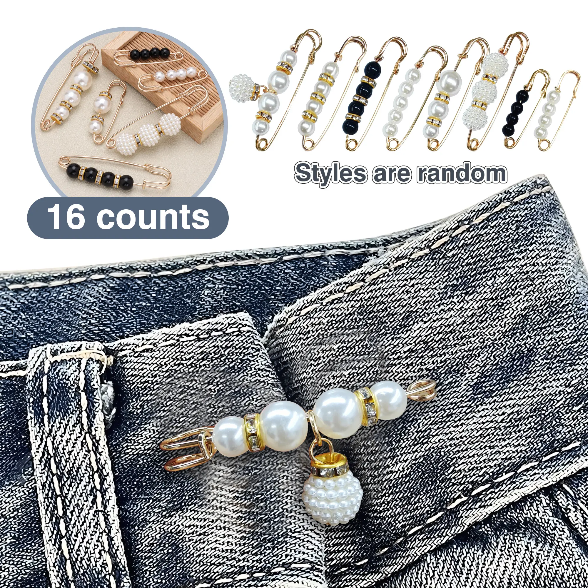 16 Counts Pearl Brooch Pins, No Sewing Sweater Shawl Safety Pins, Cardigan Collar Safety Pins for Women Faux Pearl Clothing Dresses Decoration Pant Tightener, Mixed Style