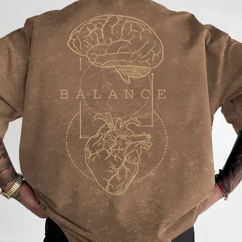 Men’s Classic Oversized Washed Cotton T-Shirt - Round Neck Short Sleeve, Brain and Heart Balance Double-Sided Print, Soft Breathable Loose Fit, Streetwear Clothing Basics, Casual Retro Minimal Clothing, Guys Gifts, BF Birthday Gifts