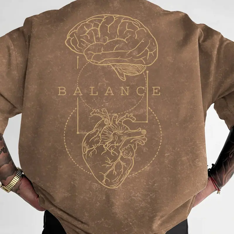 Men’s Classic Oversized Washed Cotton T-Shirt - Round Neck Short Sleeve, Brain and Heart Balance Double-Sided Print, Soft Breathable Loose Fit, Streetwear Clothing Basics, Casual Retro Minimal Clothing, Guys Gifts, BF Birthday Gifts