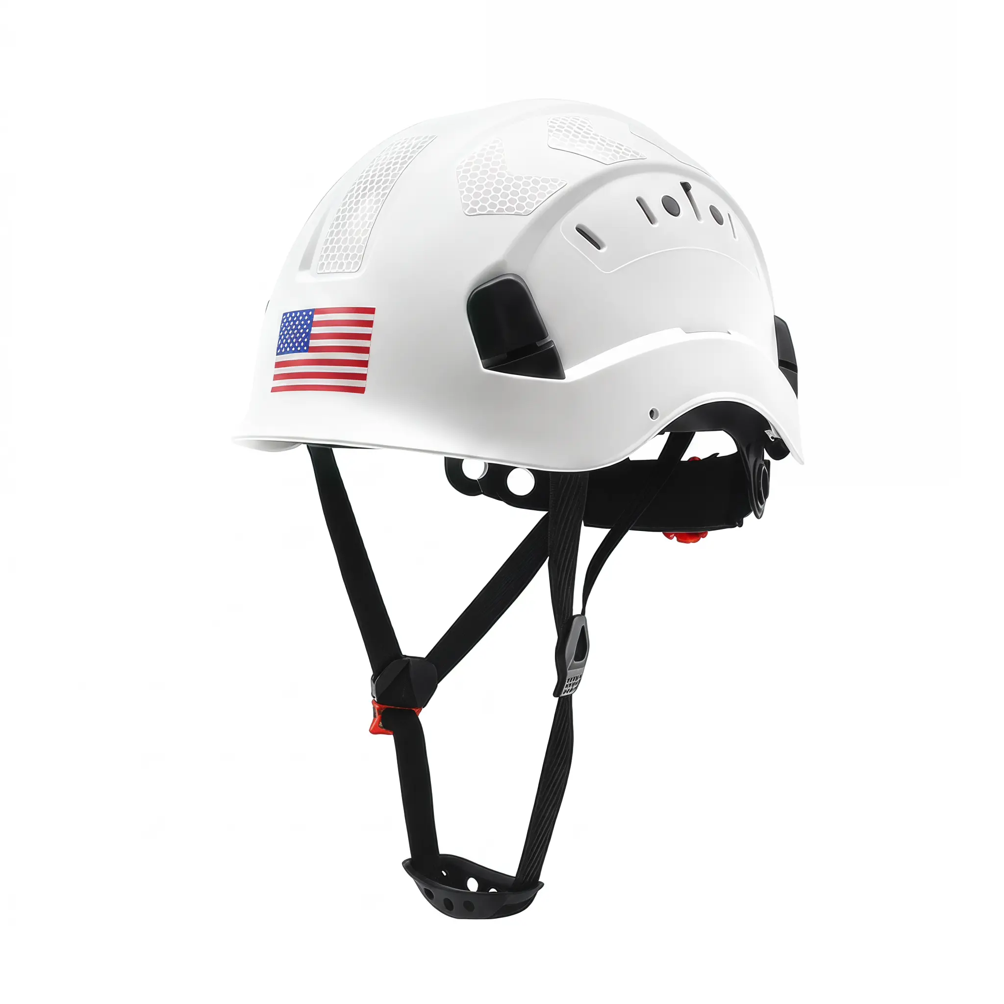 WELTA White ABS Plastic Hard Hat – Vented Construction-Grade Work Helmet with 6-Point Suspension, Adjustable Ratchet, Chin Strap, Reflective Stickers, 1-Size Lightweight Industrial Head Protection (New Hard Hat Design)