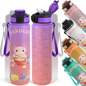 1pc,32oz Water Bottle Snaixolotl Axolotl Eating Noodles Cute Cartoon Design Durable  Leak-Proof 1000ml Time Marker Water Bottle - Shatter-Resistant for Sports, Fitness, Hiking & Outdoor Travel -