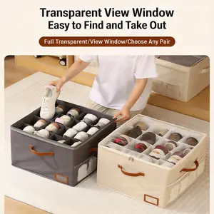 Closet Shoe Storage Organizer with Transparent Cover, Fabric Shoe Box with Adjustable Dividers, Foldable Space Saving Box for 8-16 Pairs