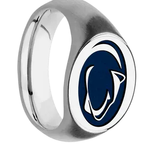 Medium Horizontal Oval signet ring (16x13mm) in Platinum, with a Wide style band and a Penn State Lion Head engraving.