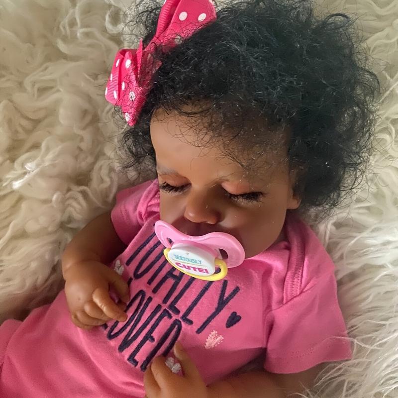 19 Inch/49CM Real Mini Size Hand Rooted Curly Hair Newborn Dolls, Dark Brown Skin, Soft Touch Handmade Dolls, Halloween/Thanksgiving Day/Christmas Gift