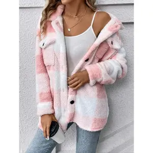 NewWomen's Plaid Print Button Front Fuzzy Coat, Casual Drop Shoulder Long Sleeve Collared Outerwear for Fall & Winter, Ladies Clothes for Daily Wear, Preppy 80s Clothes, Going Out Tops, Womenswear, Casual Jacket Coat, Casual Fashion Jacket 2000s vintage
