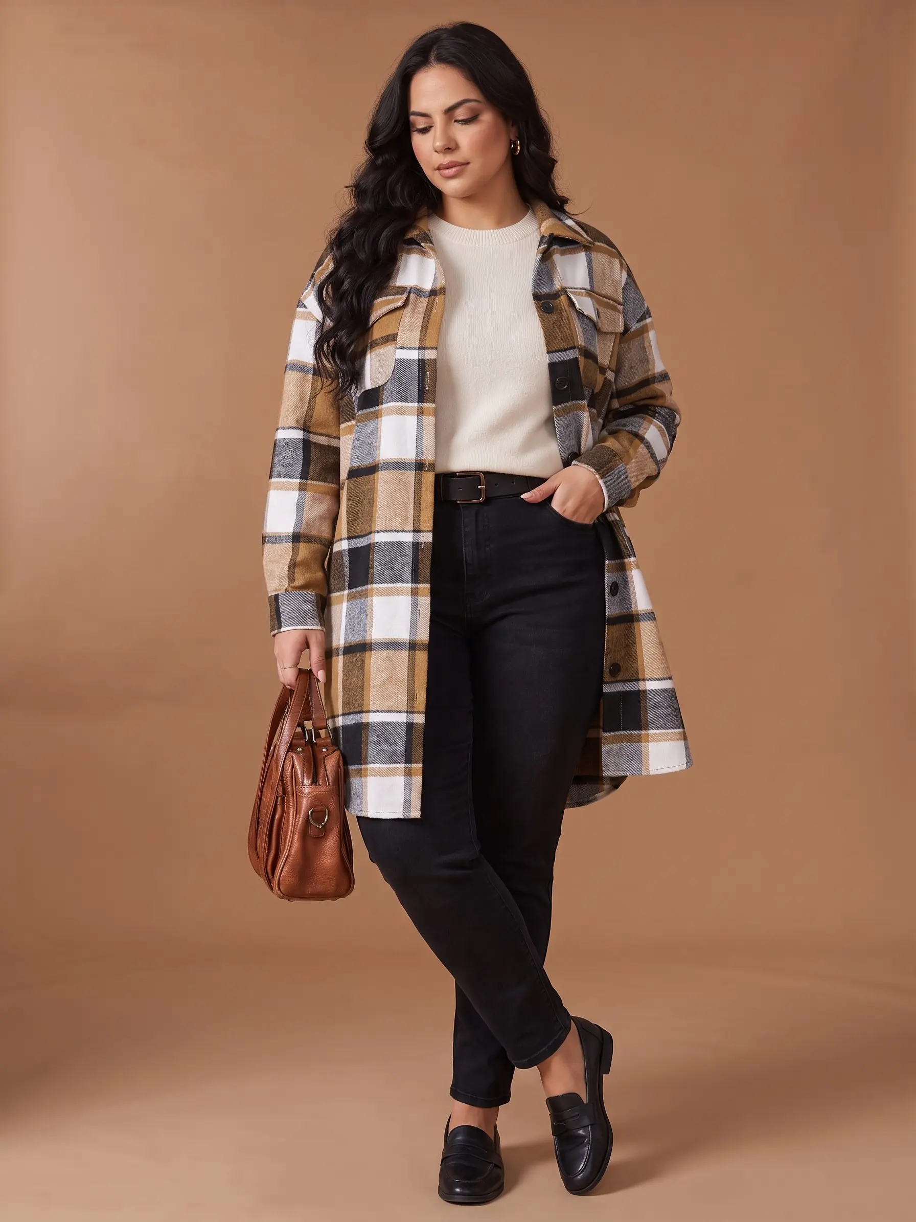 IN'VOLAND Women's Plus Size Long Shacket Jacket, Button Down Plaid Shirt Coat, Casual Loose Fit Fall Winter Outerwear