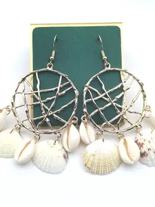 Fashion Retro Shell Conch Earrings, Alloy Woven Fishing Net Design, Unique Bold Ear Jewelry, Pair of Statement Earrings for Women