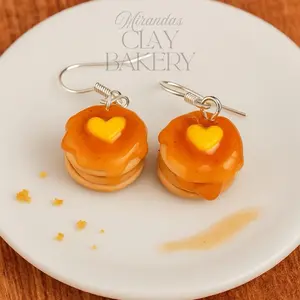 Handmade Pancake Stack Earrings - Polymer Clay Design with Butter & Syrup - Lightweight & Hypoallergenic - Perfect for Breakfast Lovers